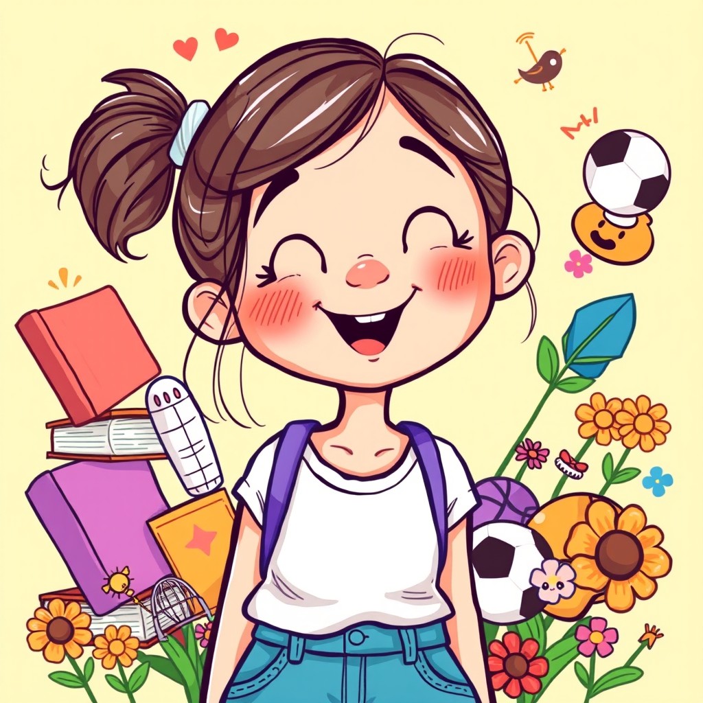 A cartoon illustration of a girl experiencing puberty, depicting her in a whimsical and colorful style, with exaggerated features to emphasize her transition into adolescence