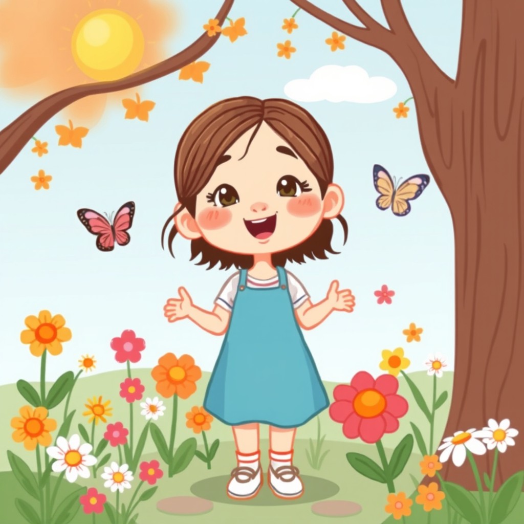 A traditional cartoon-style illustration of a girl going through puberty, showcasing her in a cheerful and vibrant atmosphere