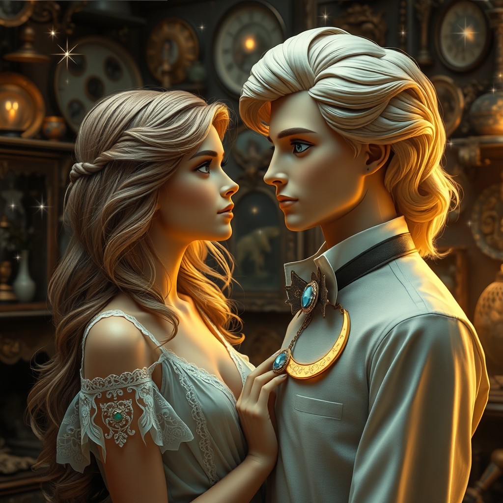 A fantasy scene depicting Lara, a young woman with flowing hair, gazing romantically at a masculine mannequin resembling a vintage man
