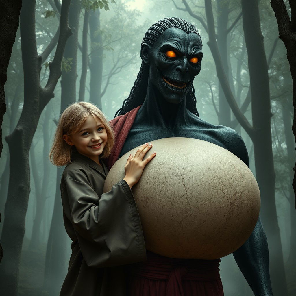 In a haunted medieval forest, a very happy 19-year-old thin blonde girl with medium-length hair dressed in a long, closed, noble Buddhist robe