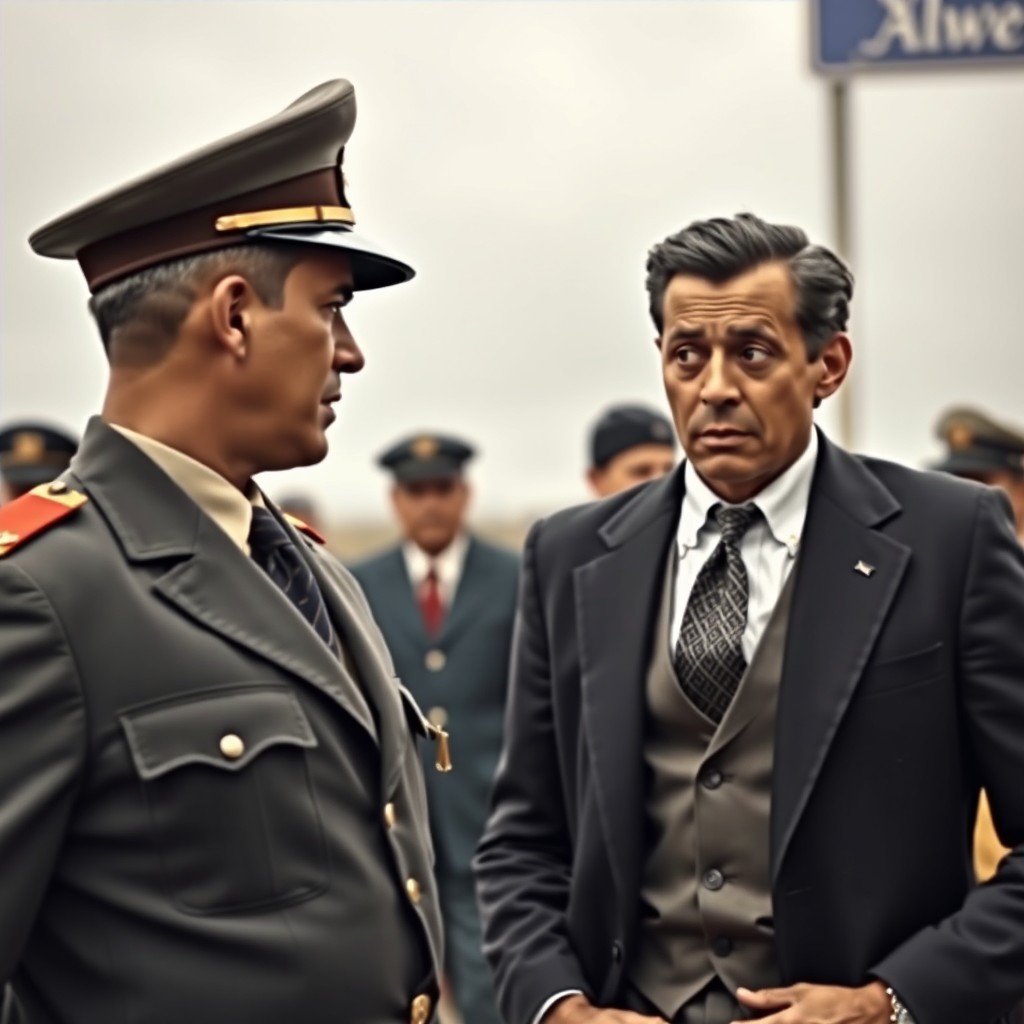 A dramatic scene capturing a moment of conflict between a white American immigration officer and a brown Indian man in a suit