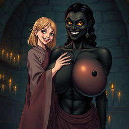 In a haunted medieval room, a very happy 19-year-old thin blonde girl with medium-length hair is dressed in a long, closed, noble Buddhist robe