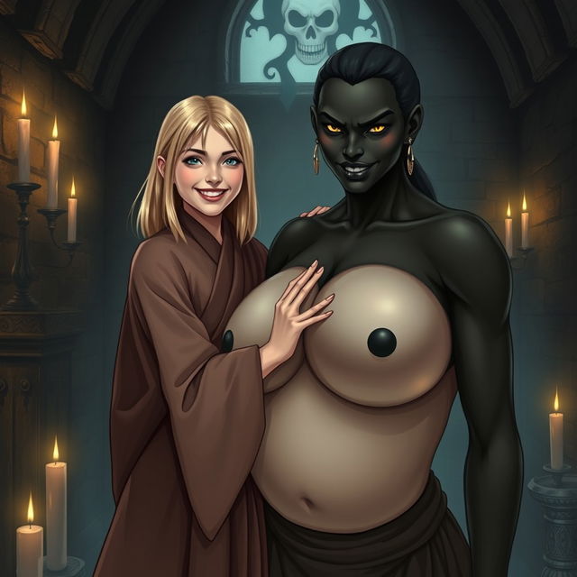 In a haunted medieval room, a very happy 19-year-old thin blonde girl with medium-length hair is dressed in a long, closed, noble Buddhist robe