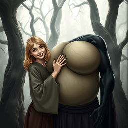 In a haunted medieval forest, a very happy 19-year-old thin blonde girl with medium-length hair is dressed in a long, closed, noble Buddhist robe