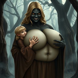 In a haunted medieval forest, a very happy 19-year-old thin blonde girl with medium-length hair is dressed in a long, closed, noble Buddhist robe