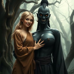 In a haunted medieval forest, a very happy 19-year-old thin blonde girl with medium-length hair is dressed in a long, closed, noble Buddhist robe