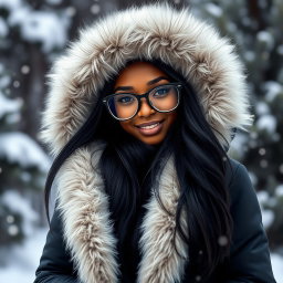 A beautiful young black woman with long black hair, wearing an open black winter jacket featuring a massive fluffy white fur hood