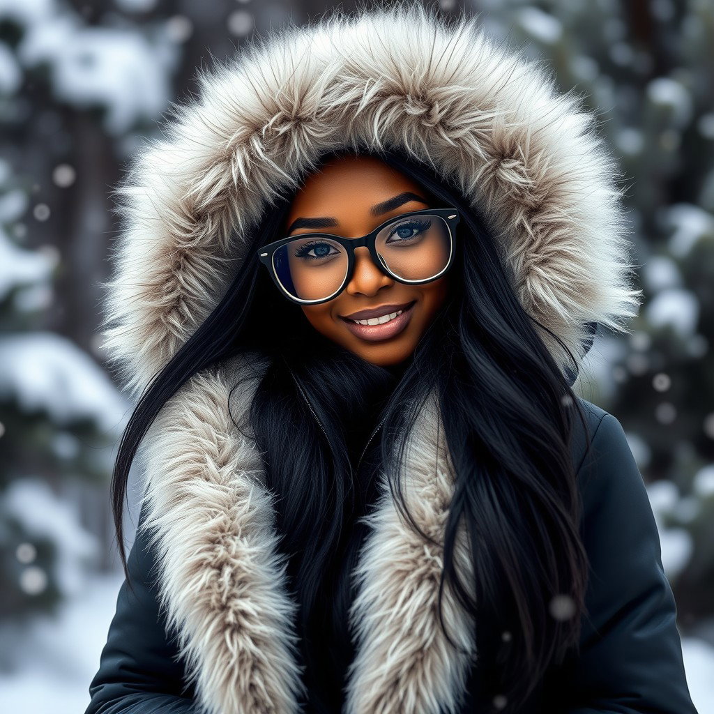 A beautiful young black woman with long black hair, wearing an open black winter jacket featuring a massive fluffy white fur hood