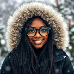 A beautiful young black woman with long black hair, wearing an open black winter jacket featuring a massive fluffy white fur hood
