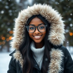 A beautiful young black woman with long black hair, wearing an open black winter jacket featuring a massive fluffy white fur hood