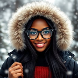 A beautiful young black woman with long black hair, wearing an open black winter jacket featuring a massive fluffy white fur hood