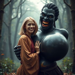 In a haunted medieval forest, a 19-year-old emaciated blonde woman with medium-length hair, dressed in an elegant long, closed Buddhist robe, joyfully embraces a towering black woman with incredibly oversized breasts, described as the largest in the world