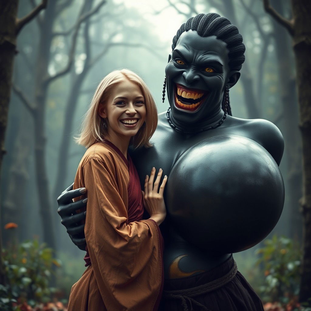 In a haunted medieval forest, a 19-year-old emaciated blonde woman with medium-length hair, dressed in an elegant long, closed Buddhist robe, joyfully embraces a towering black woman with incredibly oversized breasts, described as the largest in the world
