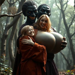 In a haunted medieval forest, a 19-year-old emaciated blonde woman with medium-length hair, dressed in an elegant long, closed Buddhist robe, joyfully embraces a towering black woman with incredibly oversized breasts, described as the largest in the world