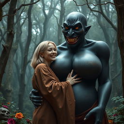 In a haunted medieval forest, a 19-year-old emaciated blonde woman with medium-length hair, dressed in an elegant long, closed Buddhist robe, joyfully embraces a towering black woman with incredibly oversized breasts, described as the largest in the world