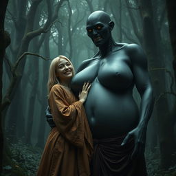 In a shadowy medieval forest, a very happy 19-year-old emaciated blonde woman with medium-length hair, dressed in a long, fully closed elegant Buddhist robe, joyfully embraces a towering black woman with incredibly oversized breasts, noted as the largest in the world