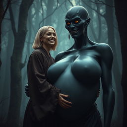 In a shadowy medieval forest, a very happy 19-year-old emaciated blonde woman with medium-length hair, dressed in a long, fully closed elegant Buddhist robe, joyfully embraces a towering black woman with incredibly oversized breasts, noted as the largest in the world