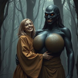 In a shadowy medieval forest, a very happy 19-year-old emaciated blonde woman with medium-length hair, dressed in a long, fully closed elegant Buddhist robe, joyfully embraces a towering black woman with incredibly oversized breasts, noted as the largest in the world