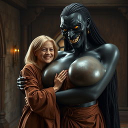 In a medieval room, a very happy 19-year-old emaciated blonde woman with medium-length hair, dressed in a long, fully closed elegant Buddhist robe, joyfully embraces a towering black woman with exceptionally oversized breasts, described as the largest in the world