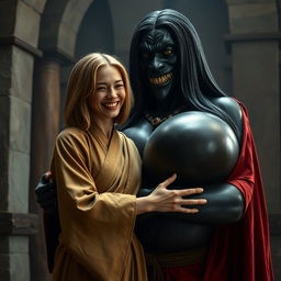 In a medieval room, a very happy 19-year-old emaciated blonde woman with medium-length hair, dressed in a long, fully closed elegant Buddhist robe, joyfully embraces a towering black woman with exceptionally oversized breasts, described as the largest in the world