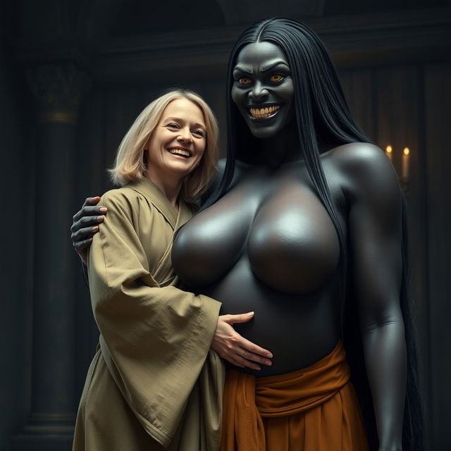 In a medieval room, a very happy 19-year-old emaciated blonde woman with medium-length hair, dressed in a long, fully closed elegant Buddhist robe, joyfully embraces a towering black woman with exceptionally oversized breasts, described as the largest in the world