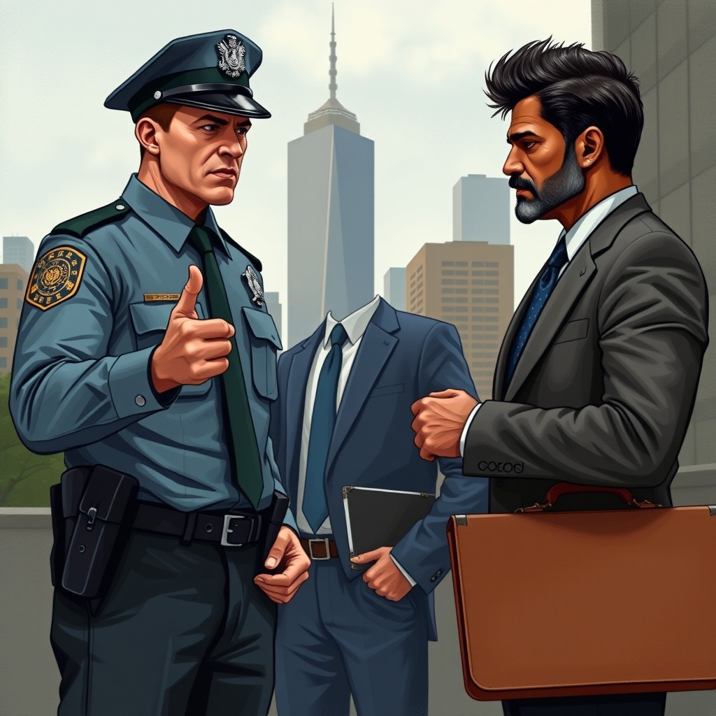 A tense scene illustrating a white police officer in a uniform confronting a brown Indian man wearing a well-tailored suit