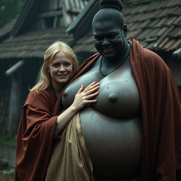 In a haunted, poor medieval village, a very happy 19-year-old malnourished blonde woman with medium hair is wearing a long, closed noble Buddhist cloak