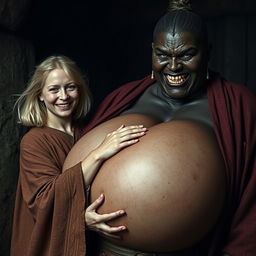 In a haunted, poor medieval village, a very happy 19-year-old malnourished blonde woman with medium hair is wearing a long, closed noble Buddhist cloak