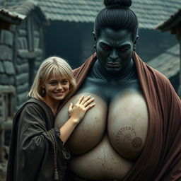 In a haunted, poor medieval village, a very happy 19-year-old malnourished blonde woman with medium hair is wearing a long, closed noble Buddhist cloak