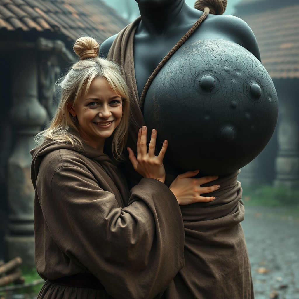 In a haunted, poor medieval village, a very happy 19-year-old malnourished blonde woman with medium hair is wearing a long, closed noble Buddhist cloak