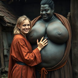 In a haunted, poor medieval village, a very happy 19-year-old malnourished blonde woman with medium hair is wearing a long, closed noble Buddhist cloak