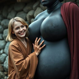 In a haunted, poor medieval village, a very happy 19-year-old malnourished blonde woman with medium hair is wearing a long, closed noble Buddhist cloak