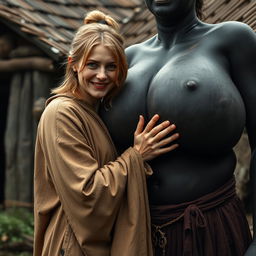 In a haunted, poor medieval village, a very happy 19-year-old malnourished blonde woman with medium hair is wearing a long, closed noble Buddhist cloak