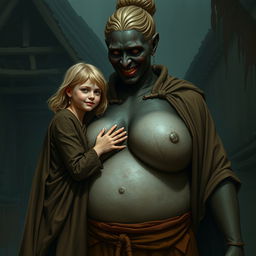 In a haunted, impoverished medieval village, a very happy 19-year-old malnourished blonde girl with medium-length hair wears a long, fully closed noble Buddhist cloak