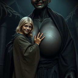 In a haunted, impoverished medieval village, a very happy 19-year-old malnourished blonde girl with medium-length hair wears a long, fully closed noble Buddhist cloak