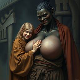 In a haunted, impoverished medieval village, a very happy 19-year-old malnourished blonde girl with medium-length hair wears a long, fully closed noble Buddhist cloak