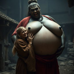 In a poor and haunted medieval village, a scene unfolds featuring a joyful 19-year-old blonde woman with medium-length hair, wearing a long, fully closed Buddhist robe