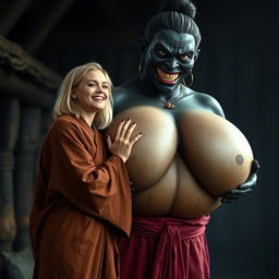 In a poor and haunted medieval village, a scene unfolds featuring a joyful 19-year-old blonde woman with medium-length hair, wearing a long, fully closed Buddhist robe