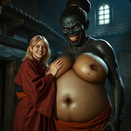 In a poor and haunted medieval village, a scene unfolds featuring a joyful 19-year-old blonde woman with medium-length hair, wearing a long, fully closed Buddhist robe