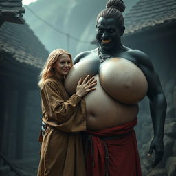 In a poor and haunted medieval village, a scene unfolds featuring a joyful 19-year-old blonde woman with medium-length hair, wearing a long, fully closed Buddhist robe