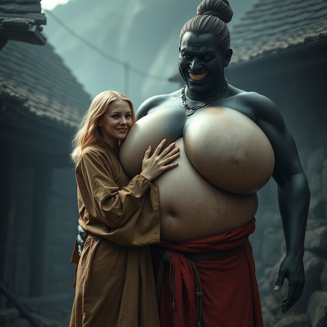 In a poor and haunted medieval village, a scene unfolds featuring a joyful 19-year-old blonde woman with medium-length hair, wearing a long, fully closed Buddhist robe
