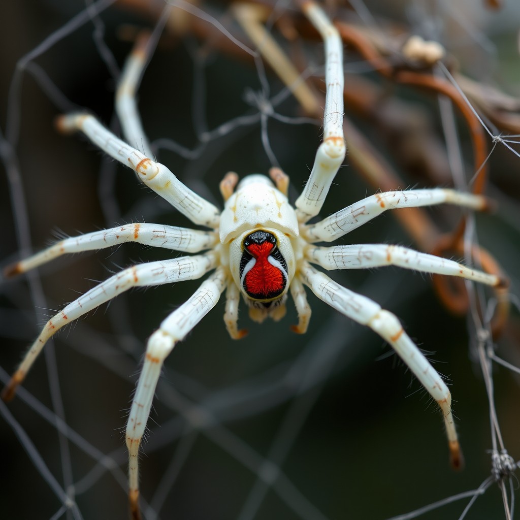 A striking and unusual depiction of a white black widow spider