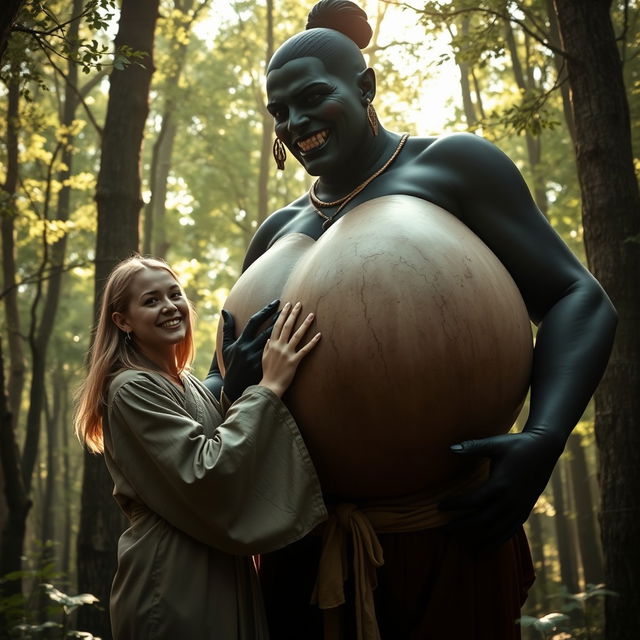 In a medieval forest, a cheerful 19-year-old blonde woman with medium-length hair, wearing a long, fully closed Buddhist robe, playfully grips the enormous breasts of a towering, evil-looking black woman
