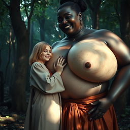 In a medieval forest, a scene captures a joyful 19-year-old blonde woman with medium-length hair, dressed in a long, fully closed Buddhist robe