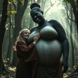 In a medieval forest, a scene captures a joyful 19-year-old blonde woman with medium-length hair, dressed in a long, fully closed Buddhist robe