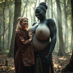 In a medieval forest, a scene captures a joyful 19-year-old blonde woman with medium-length hair, dressed in a long, fully closed Buddhist robe