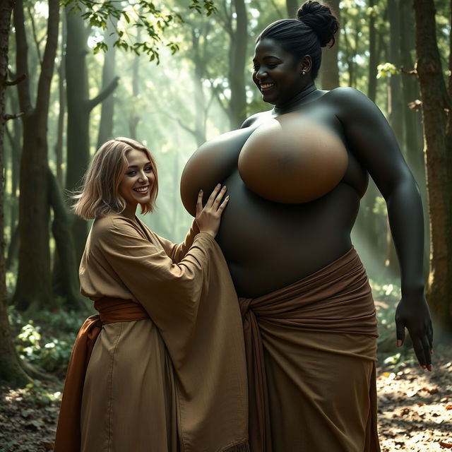 In a medieval forest, a scene captures a joyful 19-year-old blonde woman with medium-length hair, dressed in a long, fully closed Buddhist robe