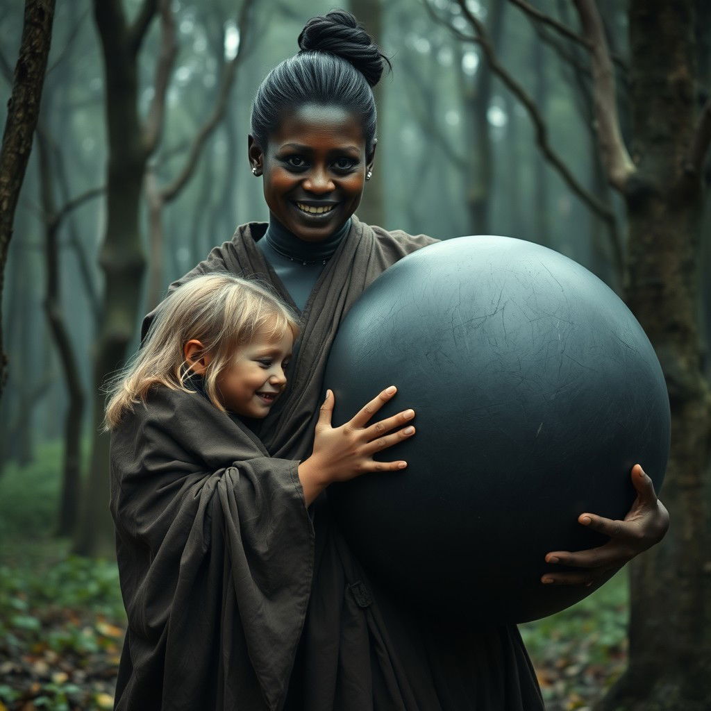 In a haunted medieval forest, a scene unfolds featuring a very happy, emaciated 19-year-old blond girl with medium-length hair, wearing a long, completely closed Buddhist robe