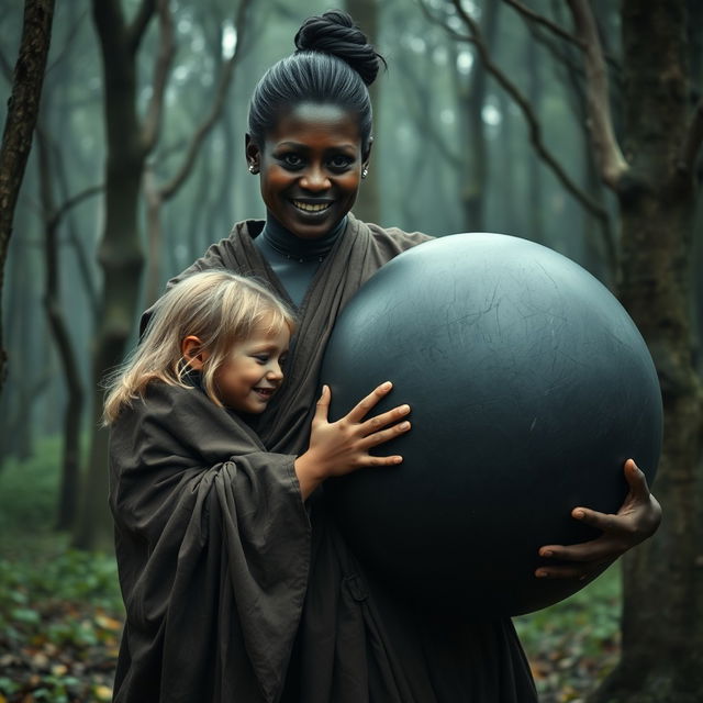 In a haunted medieval forest, a scene unfolds featuring a very happy, emaciated 19-year-old blond girl with medium-length hair, wearing a long, completely closed Buddhist robe
