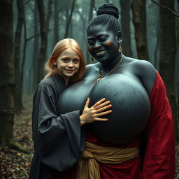 In a haunted medieval forest, a scene unfolds featuring a very happy, emaciated 19-year-old blond girl with medium-length hair, wearing a long, completely closed Buddhist robe